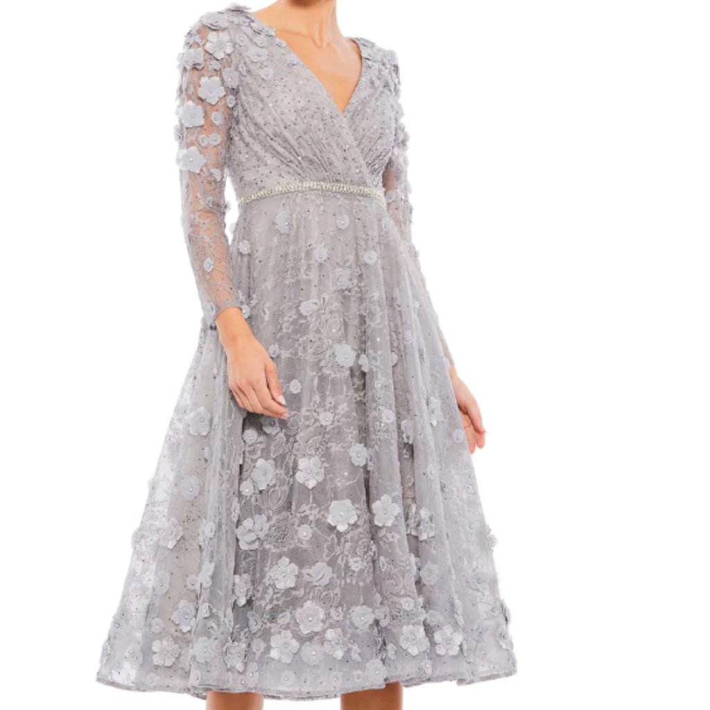 Mac Duggal 67387 Floral Embellished Lace A-Line Cocktail Sterling Dress Sz 4